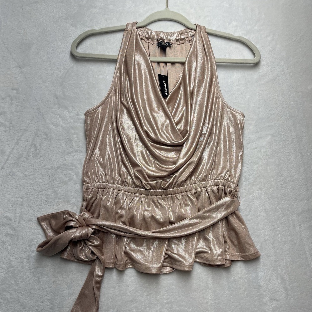 Express Metallic Rose Gold Draped Neck Peplum Top Womens Small NYE Party NEW